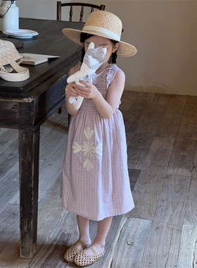 碎花刺绣连衣裙 女童粉色森系荷叶边打揽连衣裙