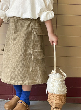 韩版女童灯芯绒工装裙  女童大口袋半身裙