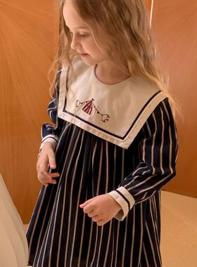 女童学院风连衣裙韩国儿童洋气刺绣海军领条纹背心裙