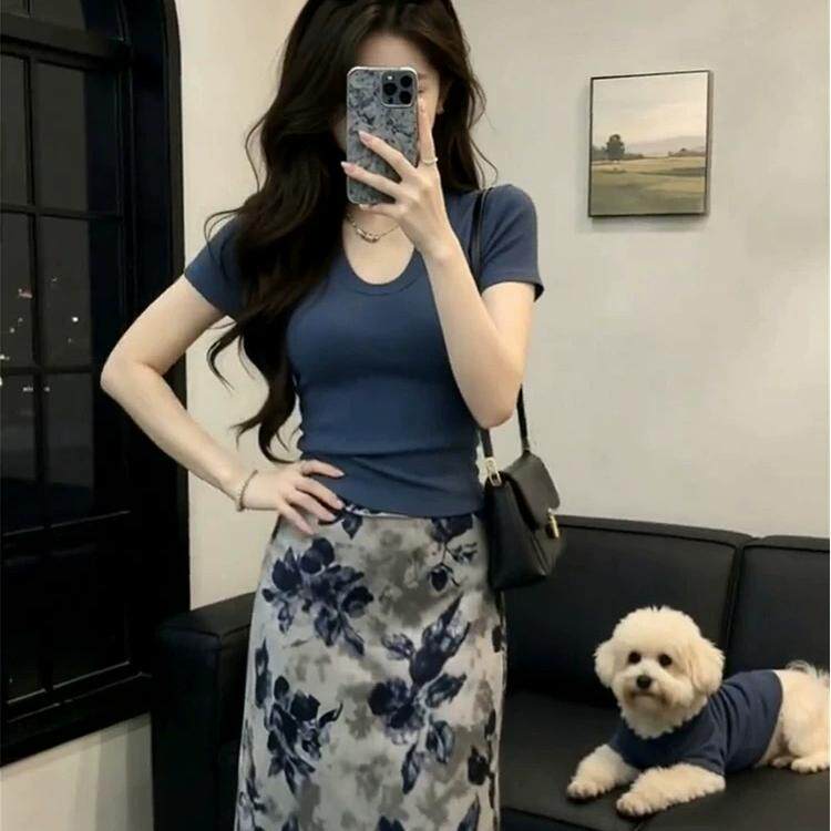 FTXWU领修身短袖T恤水墨花卉印花开叉半身长裙简约氛围感两件套
