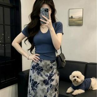 FTXWU领修身短袖T恤水墨花卉印花开叉半身长裙简约氛围感两件套
