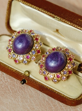 古董线《维奥拉》vintage珠宝感紫色椭圆耳饰 彩锆立体宫廷风耳夹