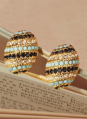 轻珠宝线《迷宫彩蛋》复古椭圆半球耳饰手工彩钻蓝色系秋冬氛围感