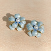 复古淡蓝色花朵珐琅珍珠耳饰 法式 甜美清新春夏耳夹 蓝花丹