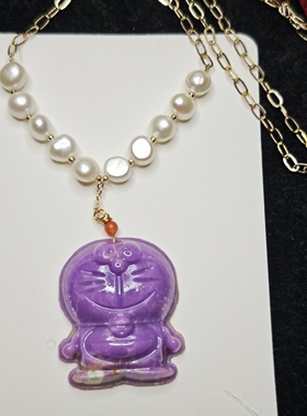 天然紫云母淡水珍珠毛衣链紫色叮当猫吊坠项链礼物个性手作饰品