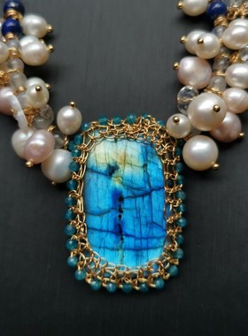 个性大气复古巴洛克风项链手工绕线天然拉长石大吊坠珍珠青金项链