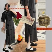 球路飞鸿 古法黑色旗袍 古董改编 倒大袖 花瓣筒子领 国风系列