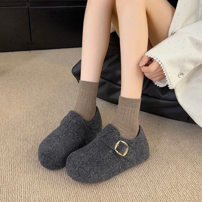 2025冬季勃肯鞋女2025冬季新款加绒内增高全包毛呢一脚蹬保暖棉鞋