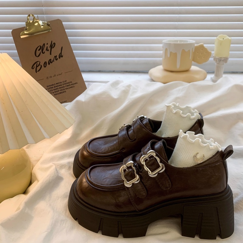 2025春季新款厚底小皮鞋女黑色乐福鞋子百搭粗跟增高跟玛丽珍单鞋