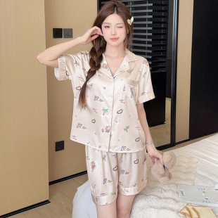 甜美风冰丝睡衣女夏季薄款翻领短袖短裤卡通印花女士短装家居服
