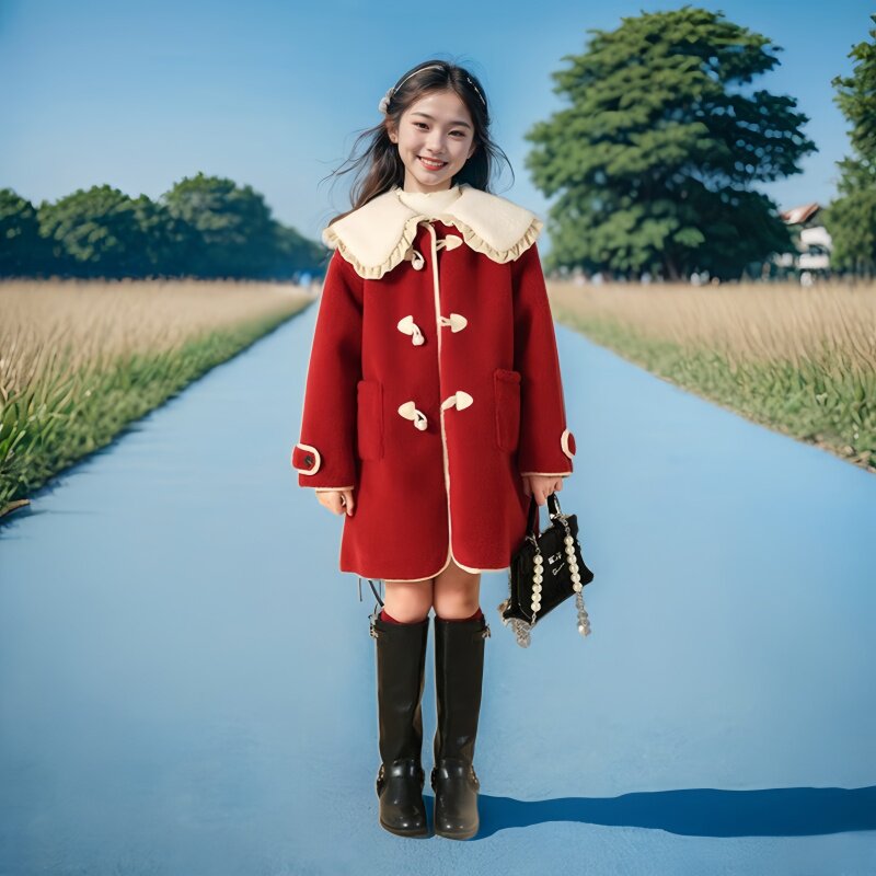 女童加绒外套2024秋冬季新款韩版红色呢大衣加厚中大童拜年服童装