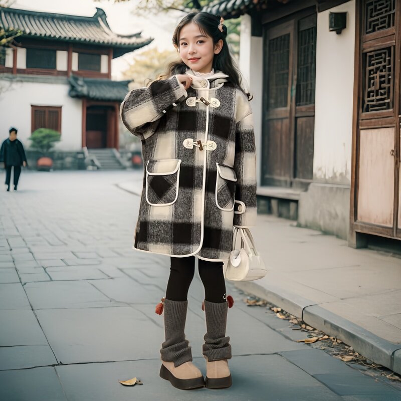 女童冬装加厚毛毛衣中长款2024新款中大童秋冬季外套黑色格子大衣