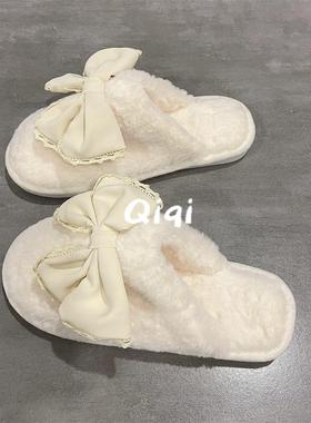 七七主人家大蝴蝶结白色加绒居家保暖棉拖鞋女室内防滑包头毛毛鞋