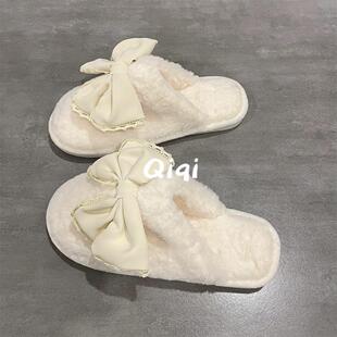 七七主人家大蝴蝶结白色加绒居家保暖棉拖鞋 女室内防滑包头毛毛鞋