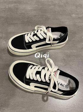 七七主人家 黑色帆布鞋女2023夏季新款薄款复古经典百搭板鞋女ins