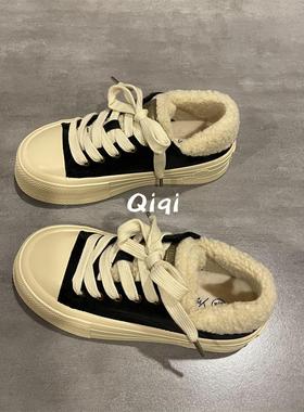 七七主人家 黑色棉鞋女冬季保暖二棉鞋女鞋2023新款帆布鞋女加绒