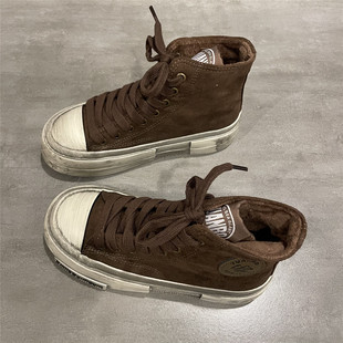 七七主人家 原创设计脏脏鞋女高帮加绒帆布鞋女厚底学生保暖棉鞋