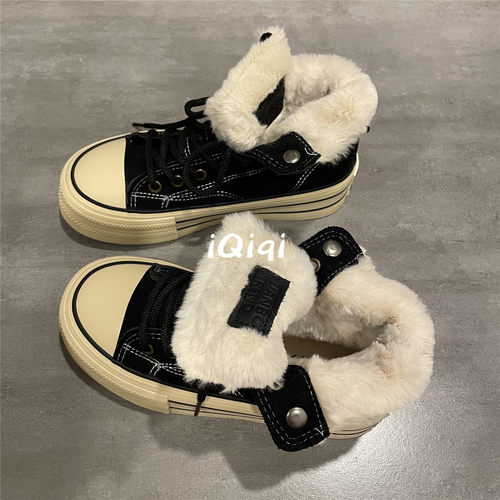 高帮加绒帆布鞋女翻领折叠