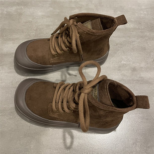 七七主人家 棕色高帮帆布鞋女反绒皮百搭鞋子女秋冬季休闲短靴女