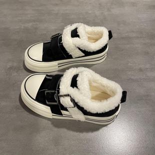鞋 女黑色皮面板鞋 子女2024冬季 加绒加厚保暖棉鞋 新款 七七主人家