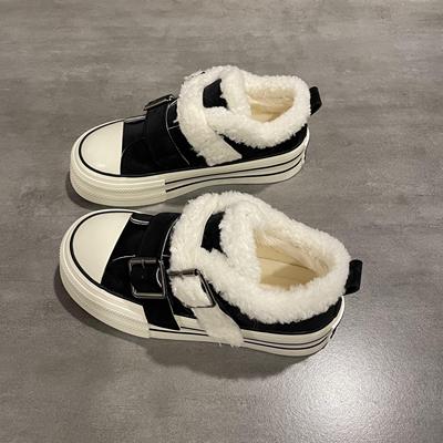 加绒加厚保暖棉鞋女黑色皮面
