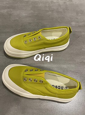 七七主人家 芥末绿色帆布鞋女春天的颜色小清新一脚蹬套脚懒人鞋