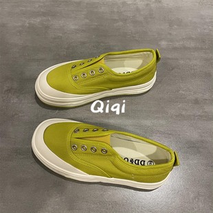 七七主人家 芥末绿色帆布鞋女春天的颜色小清新一脚蹬套脚懒人鞋