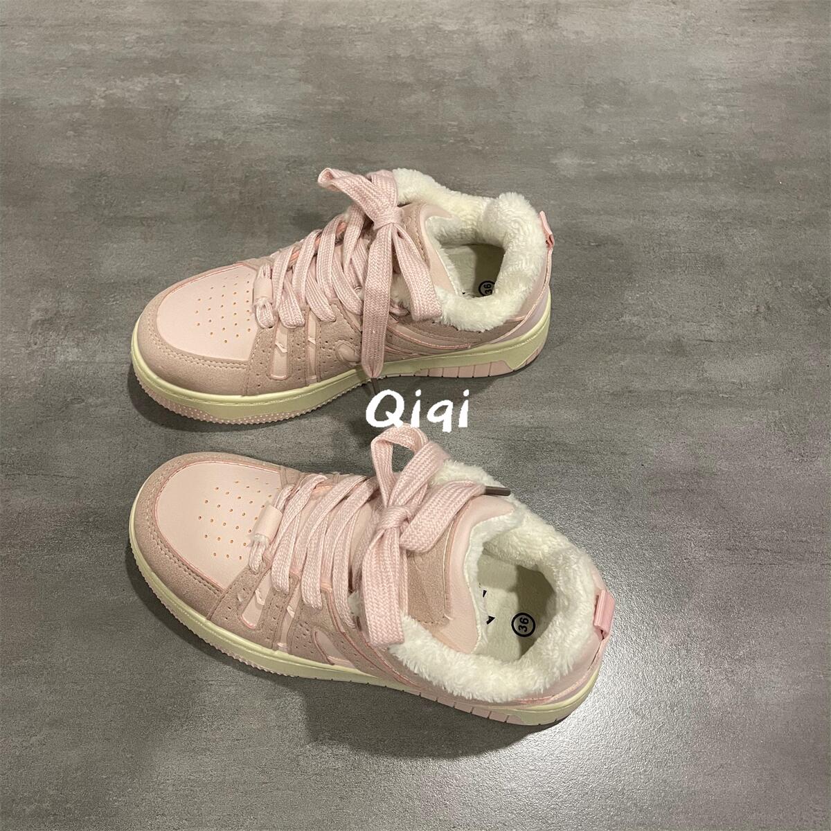 加绒棉鞋保暖女鞋原创粉色板鞋
