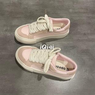 七七主人家粉色少女甜美帆布鞋女2024夏季新款鞋子女透气百搭女鞋