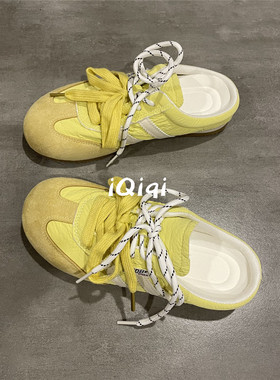 七七主人家 黄色复古懒人半拖一脚蹬包头德训鞋女鞋子女百搭板鞋