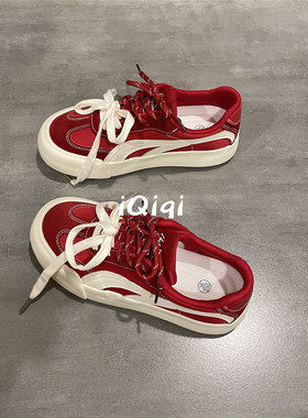 七七主人家 复古红德训鞋女2025秋季厚底新款韩系百搭板鞋女chic