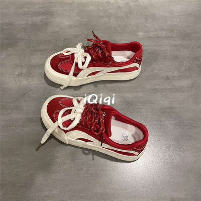 七七主人家 复古红德训鞋女2025秋季厚底新款韩系百搭板鞋女chic