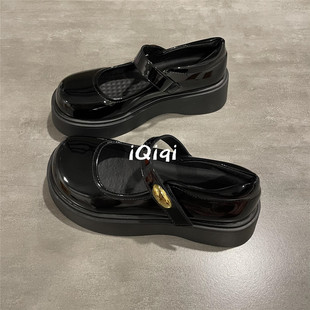 七七主人家 黑色厚底玛丽珍女鞋百搭乐福鞋jk萝莉风小皮鞋女亮面