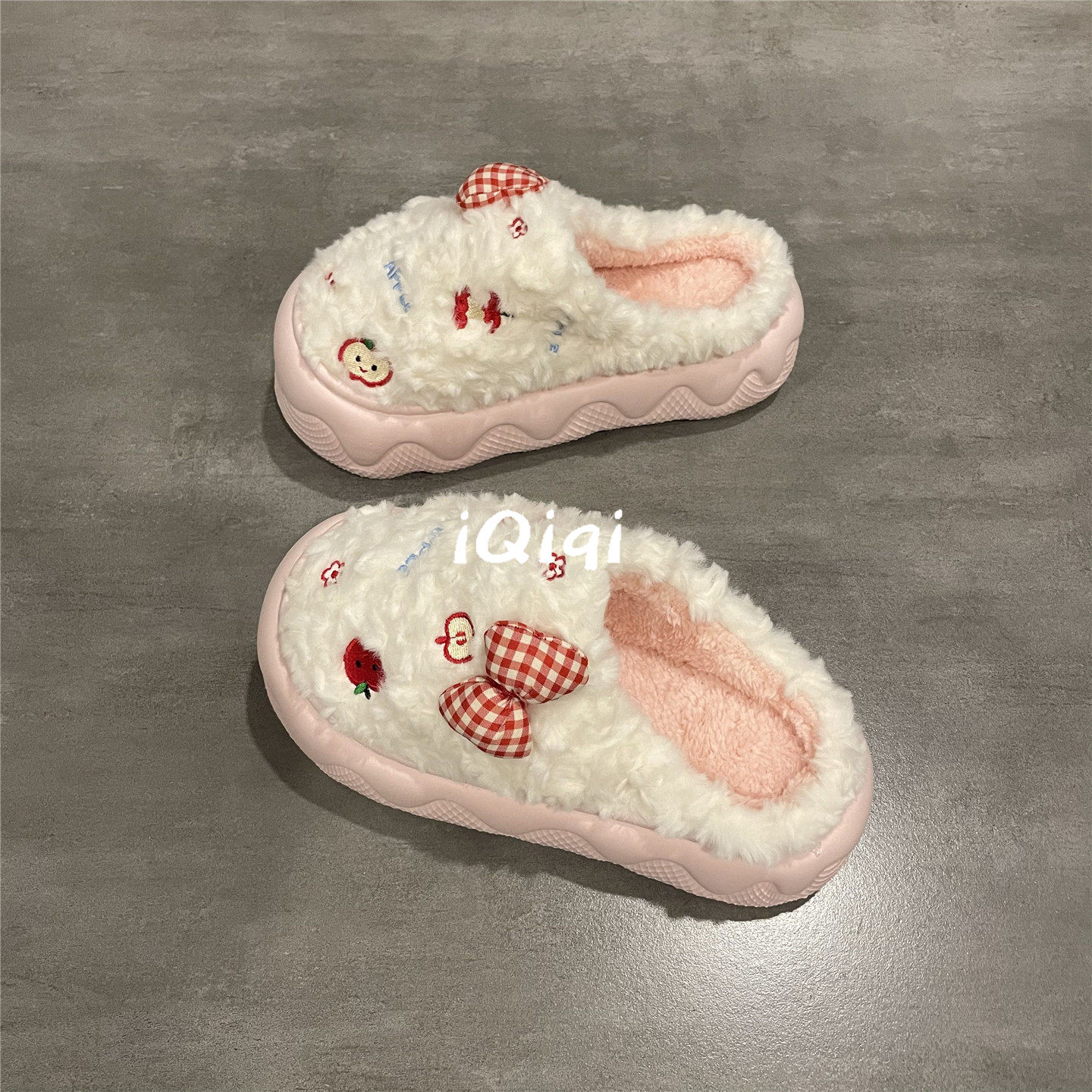 七七主人家 冰激凌粉色甜美可爱毛毛鞋厚底保暖加绒棉拖鞋女冬季