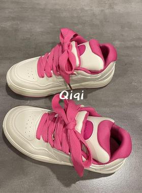 七七主人家 白色休闲板鞋厚底面包鞋2023秋季新款高帮小众运动鞋