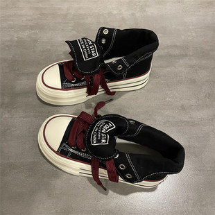 七七主人家 黑色帆布鞋女学院百搭休闲鞋厚底原创设计高帮鞋子女