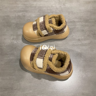 七七主人家 厚底大头鞋子女鞋魔术贴保暖棉鞋女冬季加绒加厚防寒