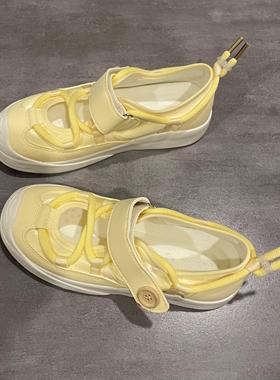 七七主人家 玛丽珍凉鞋子女2024夏季新款多巴胺小众黄色帆布鞋女