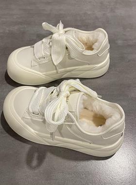 七七主人家 保暖棉鞋女厚底加绒小白鞋2024冬新款圆头馒头鞋ins潮