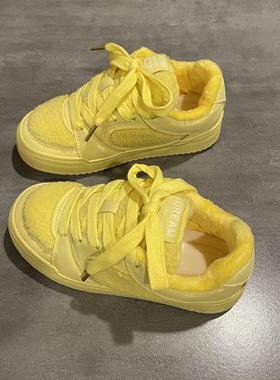 七七主人家黄色面包鞋子女冬季保暖二棉鞋女加绒厚底休闲板鞋女款