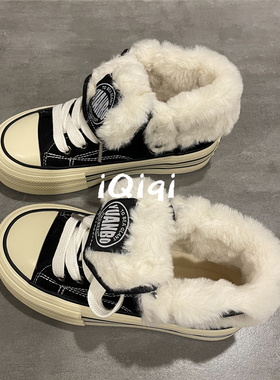 七七主人家 黑色高帮帆布鞋女加绒棉鞋女2025冬季新款保暖鞋子女