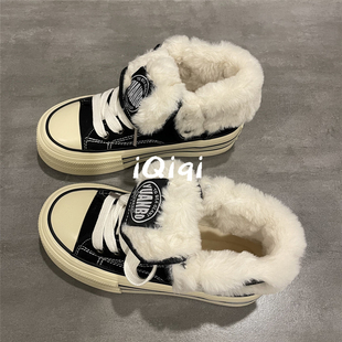 七七主人家 黑色高帮帆布鞋女加绒棉鞋女2025冬季新款保暖鞋子女