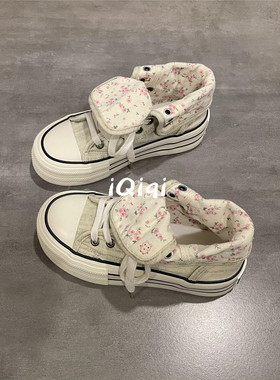 七七主人家 复古高帮帆布鞋女款原创小众碎花板鞋学生百搭鞋子女