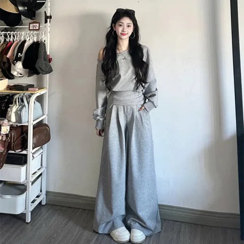 慵懒风斜肩辣妹高腰阔腿显瘦套装