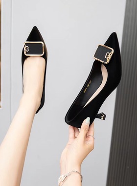 冰洁女鞋2024秋季新款单鞋低跟细跟浅口尖头皮鞋工作鞋23096-079