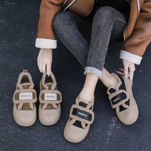 冰洁女鞋2023冬季新款板鞋真皮平跟加绒一脚蹬韩版休闲鞋921-13潮