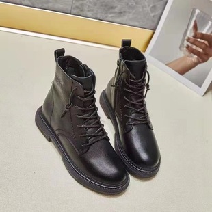 冰洁女鞋2023冬季新款马丁靴真皮平跟圆头侧拉链加绒短靴35码特价