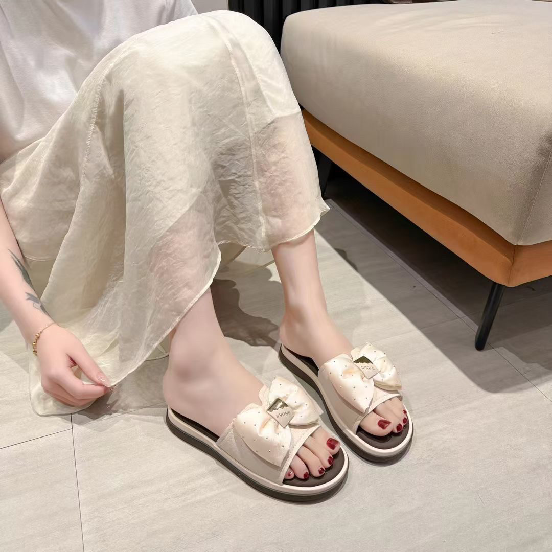 冰洁女鞋2024夏季新款凉拖鞋真皮平跟厚底蝴蝶结软底外穿休闲鞋潮