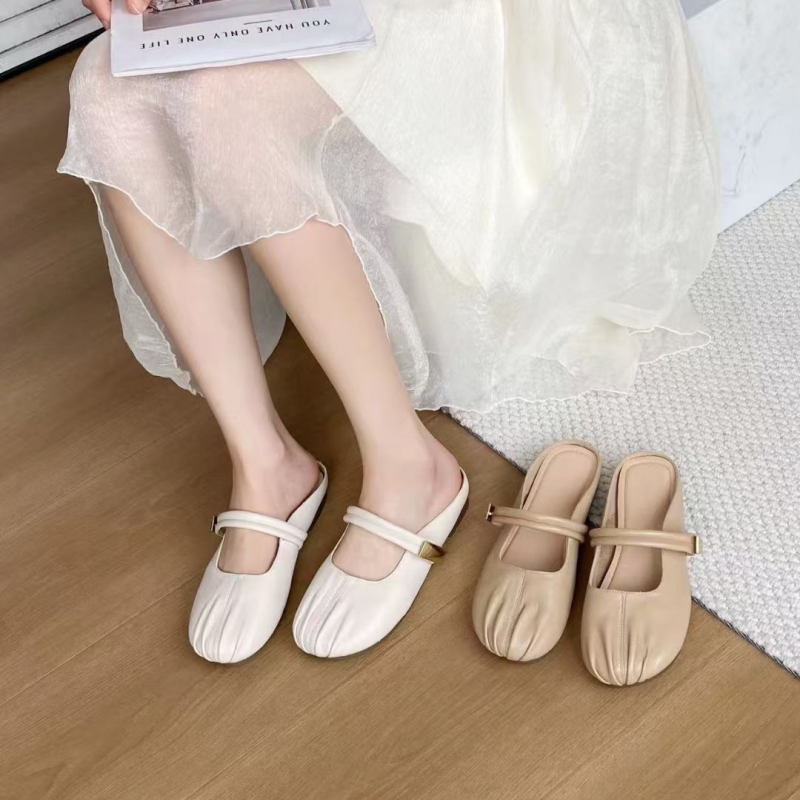 冰洁女鞋2025夏季新款凉拖鞋真皮平跟圆头软底包头鞋休闲鞋89-81