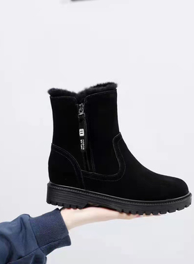 冰洁女鞋2024冬季新款雪地靴牛皮磨砂皮圆头短筒侧拉链棉靴97230
